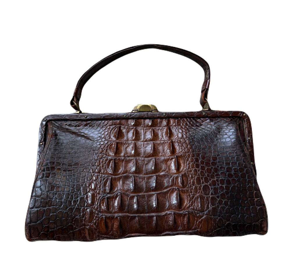 Vintage 1940's Genuine Hornback Alligator Handbag - F.B & Co. Brass Frame Clutch